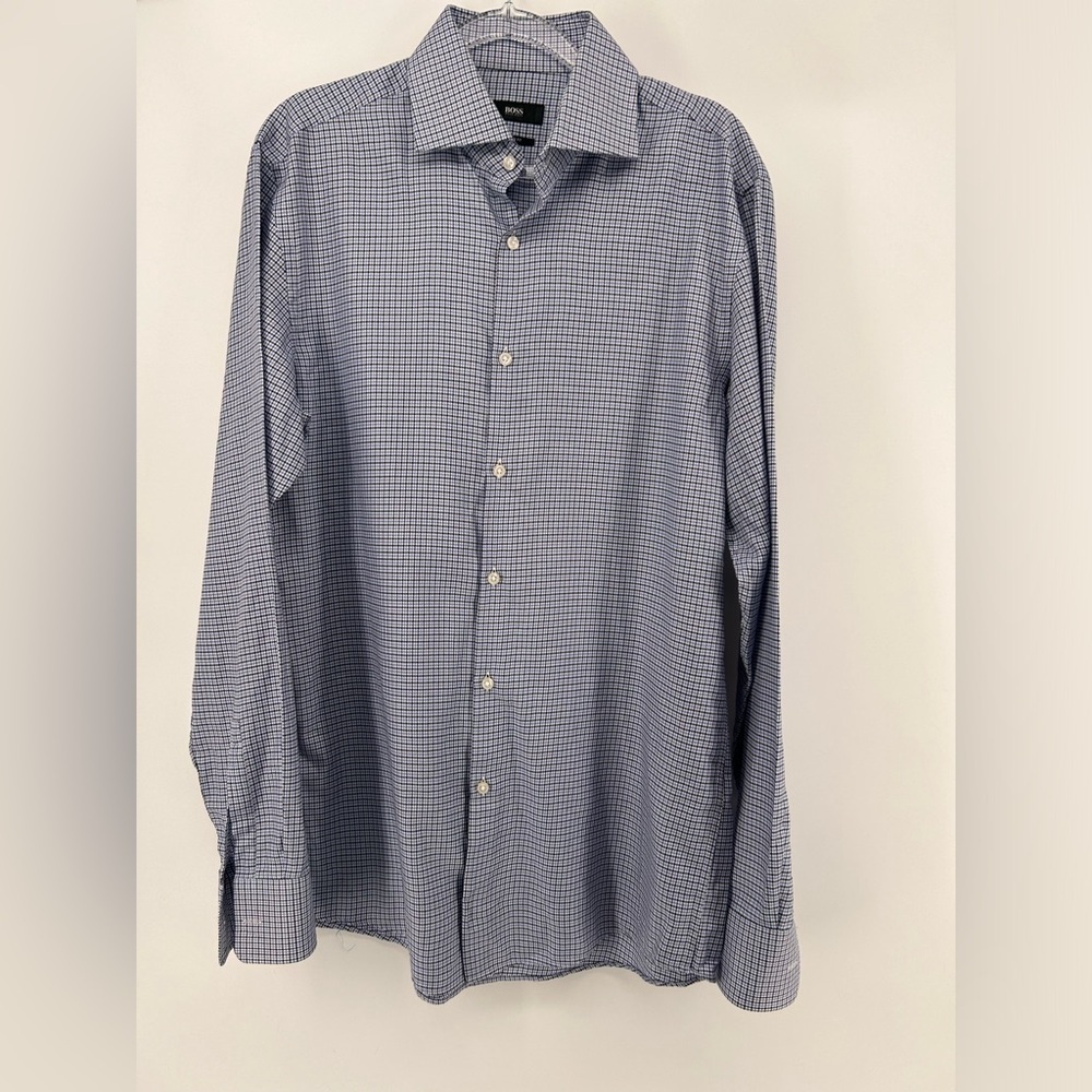 Hugo Boss Mens Miles L/S Dress Shirt Black Blue Houndstooth Sharp Fit 15.5 34/35